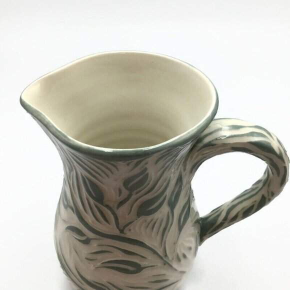 6" Pottery Pitcher Signed Paula Barry Studio Green White Creamer Leaf Design - Picture 4 of 9